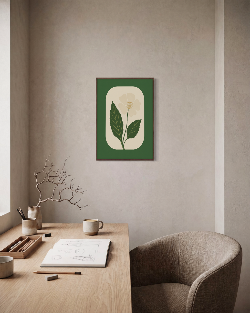 Morning Bloom cream flower wall art: unframed print is shown framed for styling in a home office; frame not included