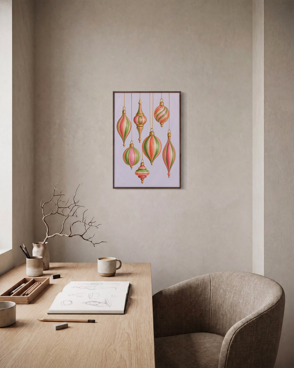Candy Stripes stripe ornament print: unframed print is shown framed for styling in a home office; frame not included