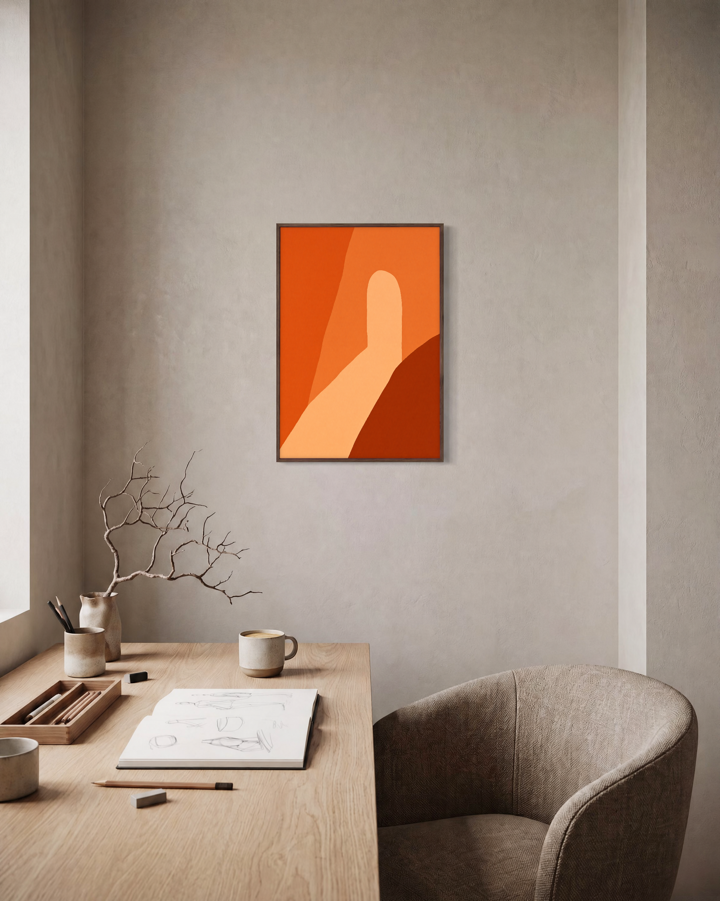 Terracotta Arch unframed print is shown framed for styling in a home office; frame not included