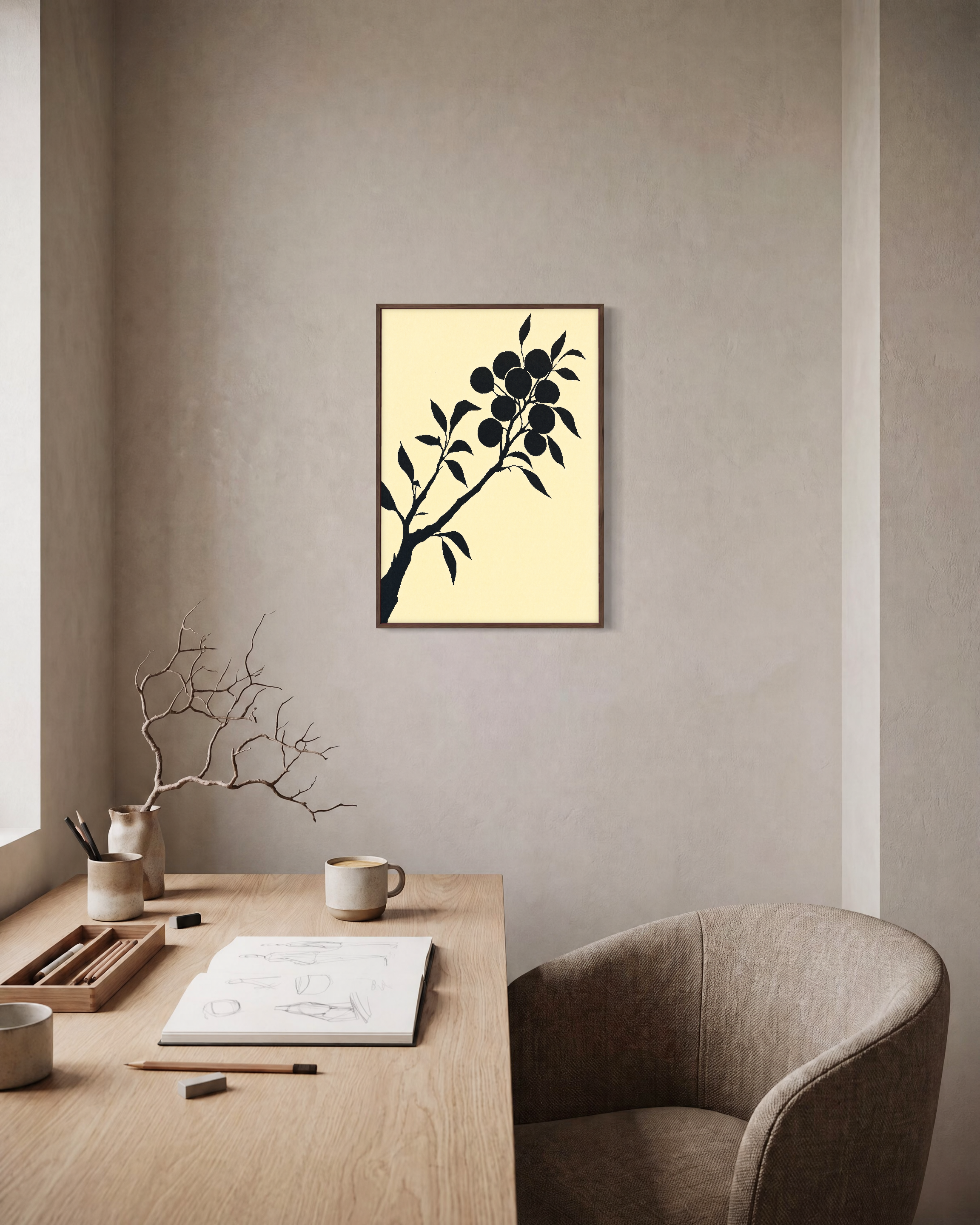 Ink Branch Fruit unframed print is shown framed for styling in a home office; frame not included