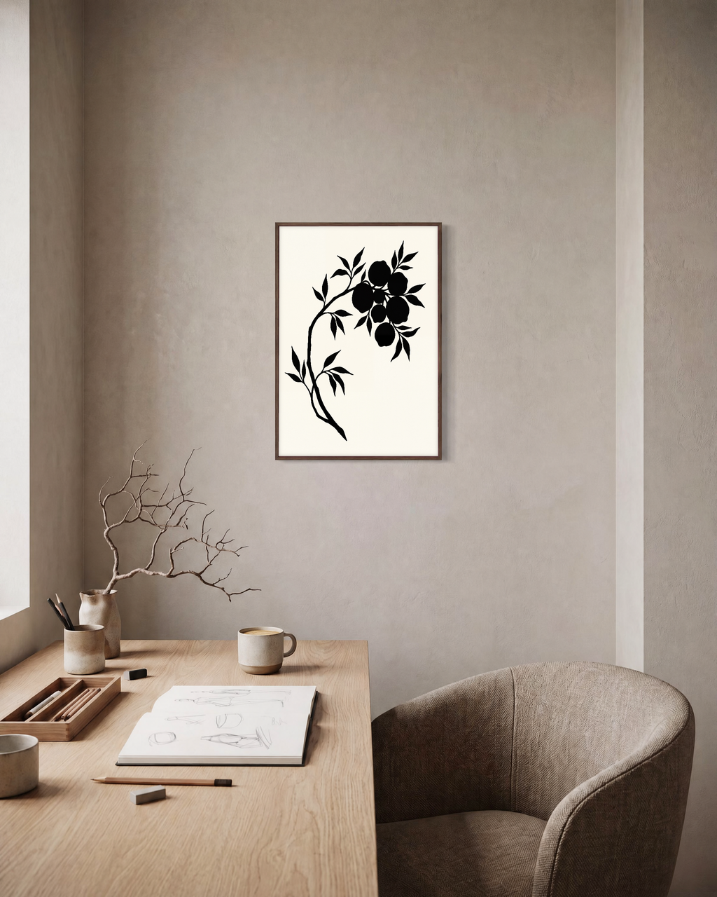 Ink Branch Fruit unframed print is shown framed for styling in a home office; frame not included