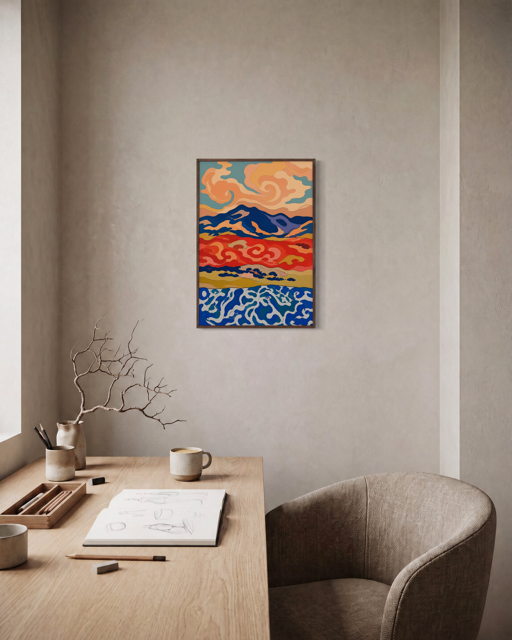 Ridge Weather peach swirl ridge wall art: unframed print is shown framed for styling in a home office; frame not included