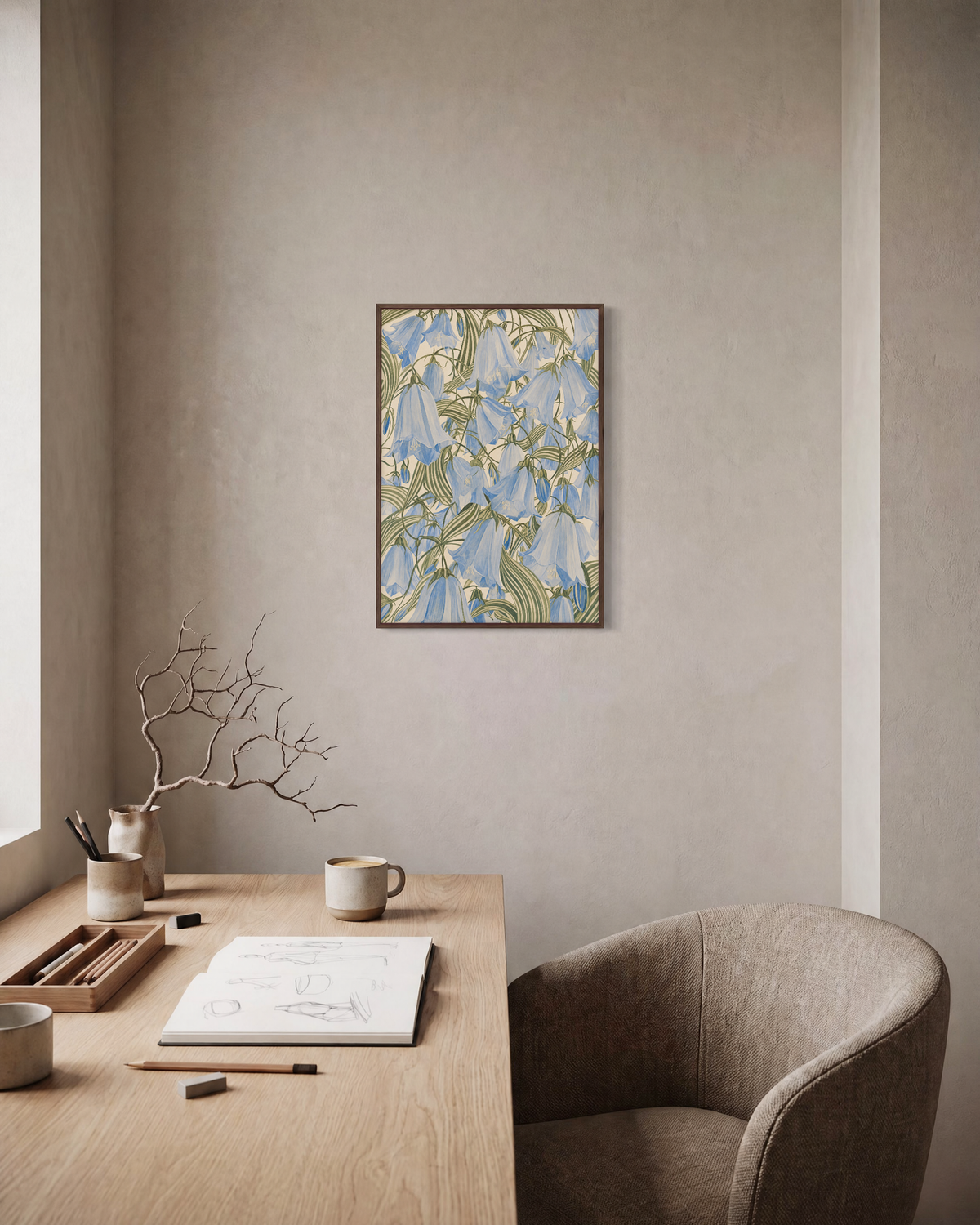 Blue Bells blue bellflower wall art: unframed print is shown framed for styling in a home office; frame not included