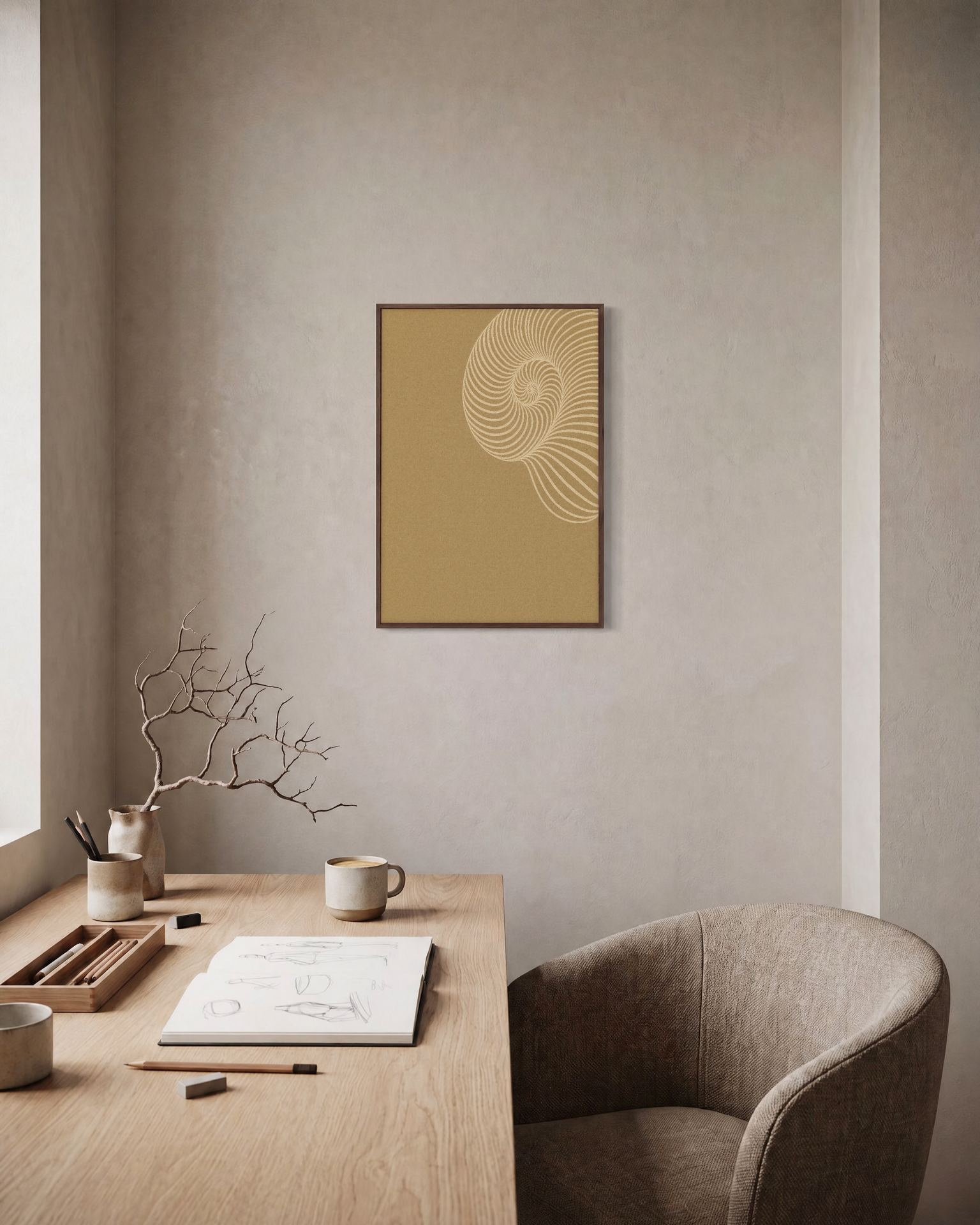Cream Shell Spiral unframed print is shown framed for styling in a home office; frame not included
