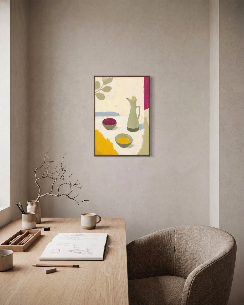 Oil Pourer Table unframed print is shown framed for styling in a home office; frame not included