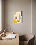 Oil Pourer Table unframed print is shown framed for styling in a home office; frame not included