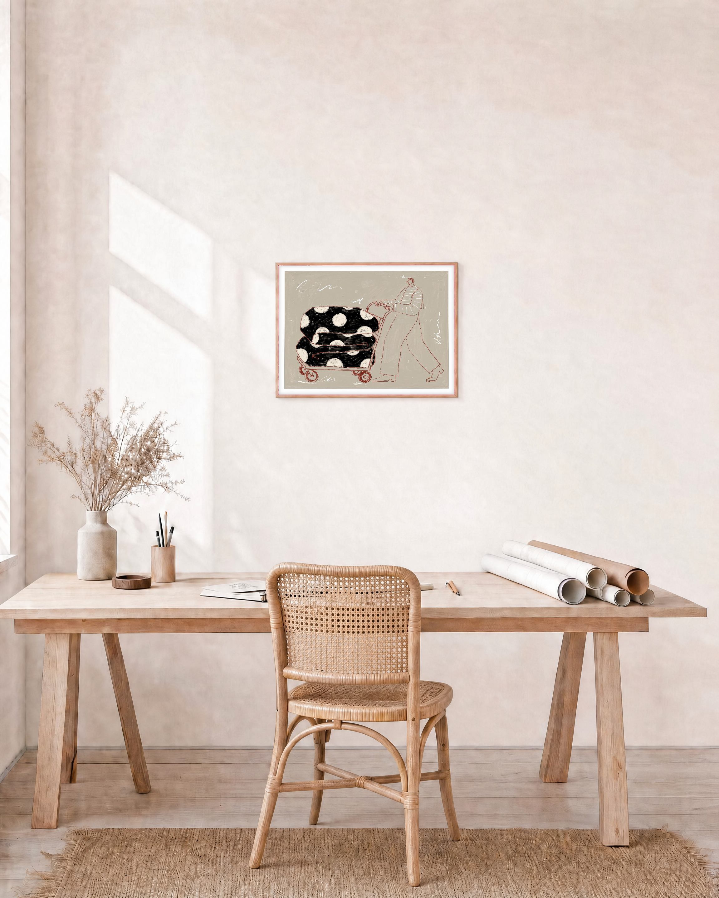 Carry Pattern unframed print is shown framed for styling in a home office; frame not included
