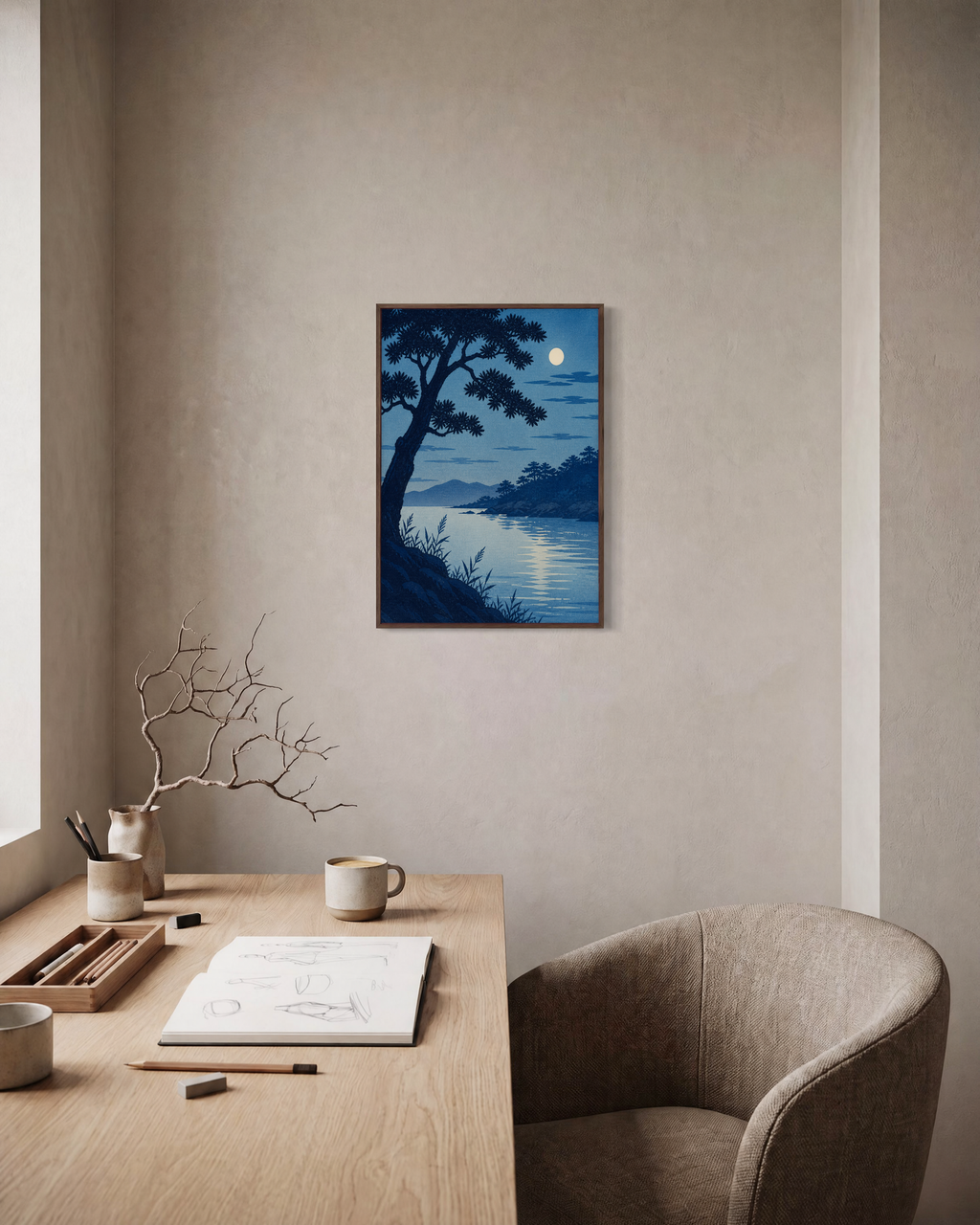 Night Pine moon wall art: unframed print is shown framed for styling in a home office; frame not included