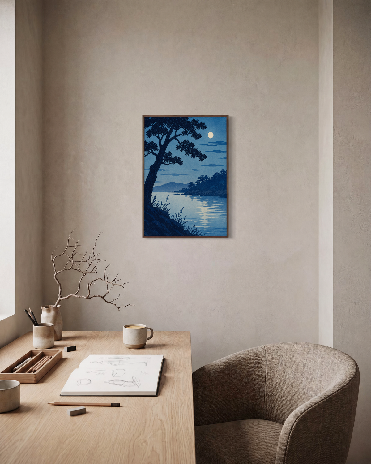 Night Pine moon wall art: unframed print is shown framed for styling in a home office; frame not included