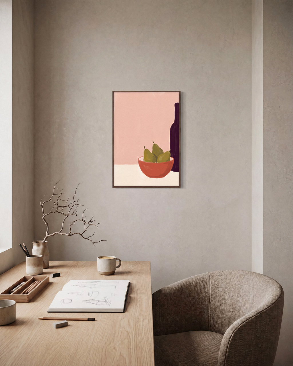 Red Vessel Cluster Studio edition unframed print is shown framed for styling in a home office; Frame not included