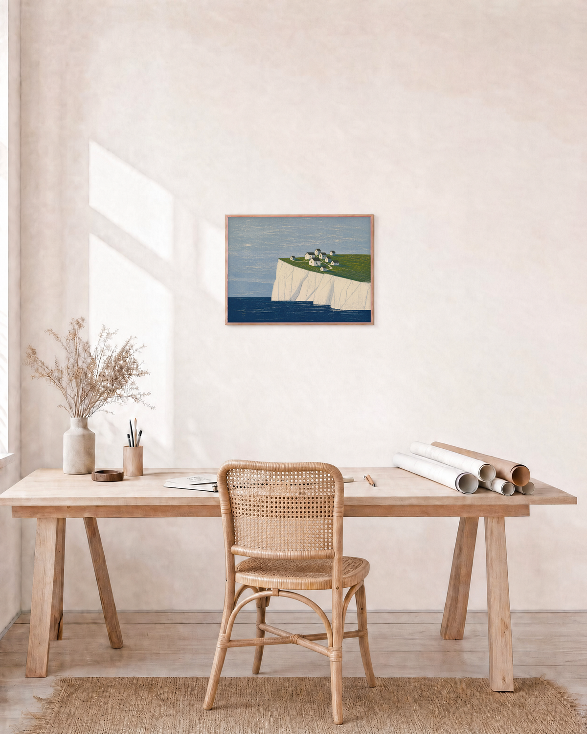 High Village landscape art prints: unframed print is shown framed for styling in a home office; frame not included