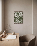 Bud Hour olive tulip silhouette wall art: unframed print is shown framed for styling in a home office; frame not included