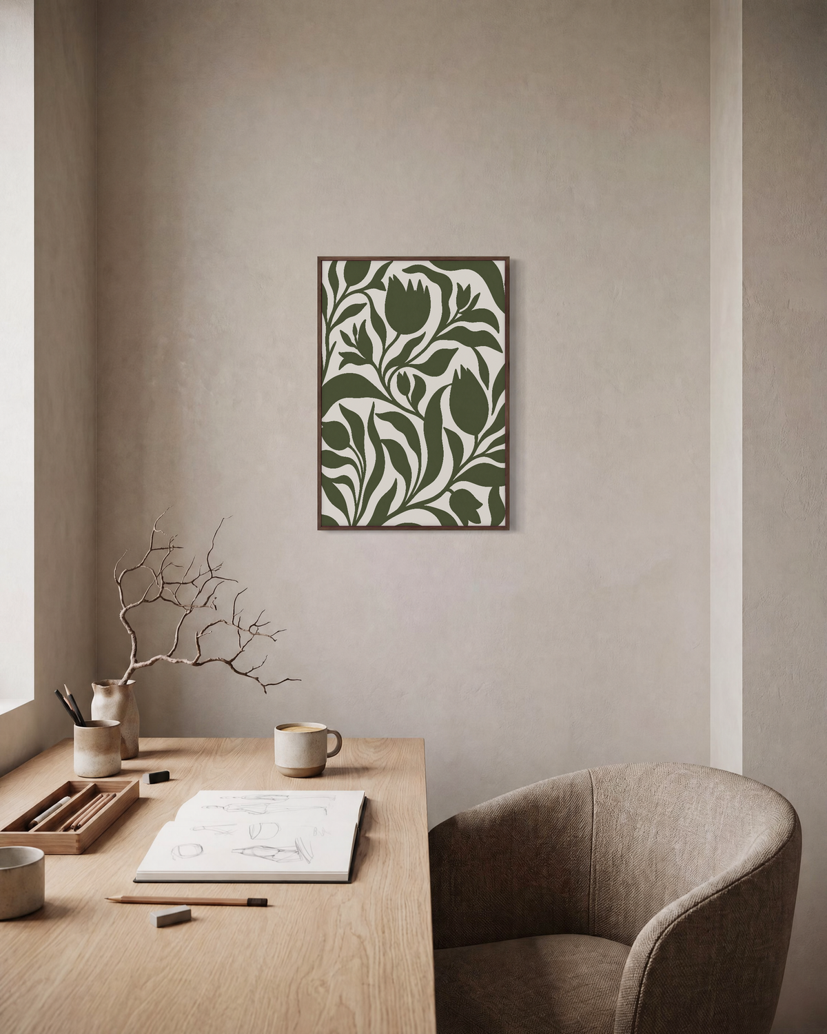 Bud Hour olive tulip silhouette wall art: unframed print is shown framed for styling in a home office; frame not included