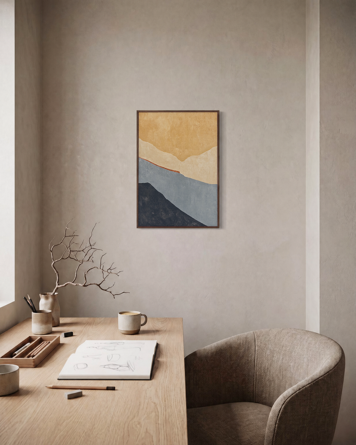 Layered Sand Hills with Rust Line layered sand hills wall art print: unframed print is shown framed for styling in a home office; frame not included