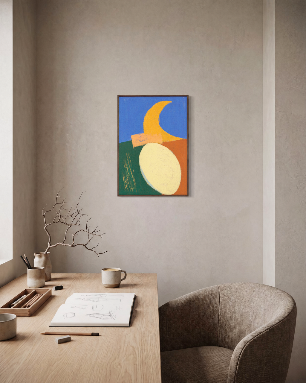 Split Horizon unframed print is shown framed for styling in a home office; frame not included
