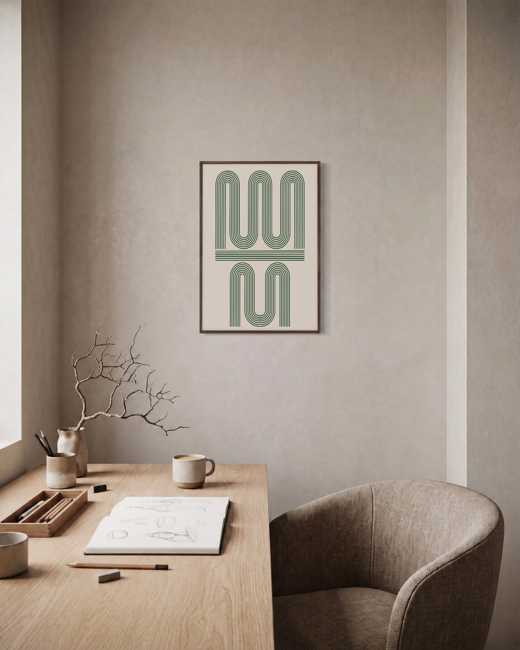 The Pause green hairpin wall art: unframed print is shown framed for styling in a home office; frame not included