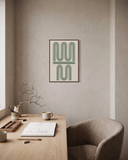 The Pause green hairpin wall art: unframed print is shown framed for styling in a home office; frame not included