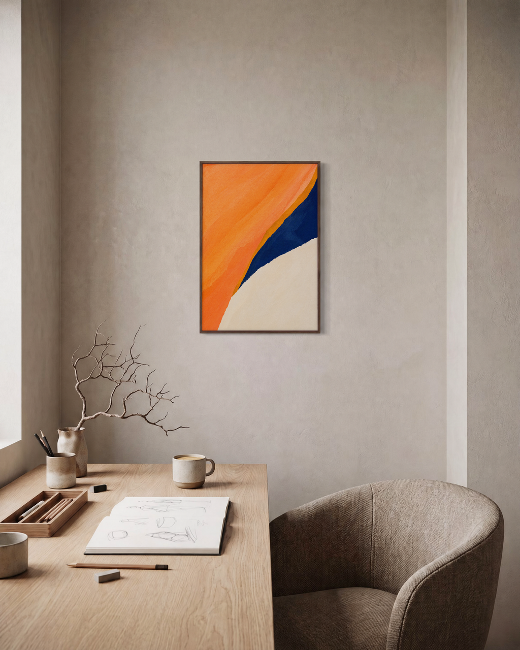 Peach Navy Cut unframed print is shown framed for styling in a home office; frame not included