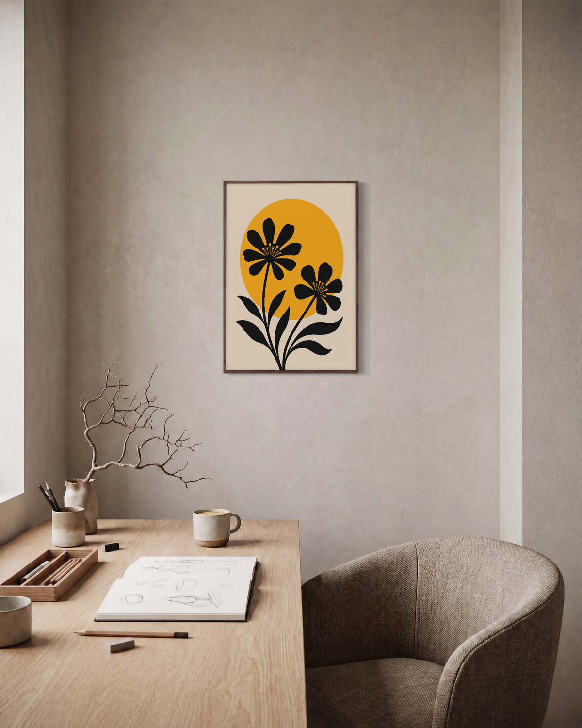 Noon Blooms black bloom silhouette wall art: unframed print is shown framed for styling in a home office; frame not included