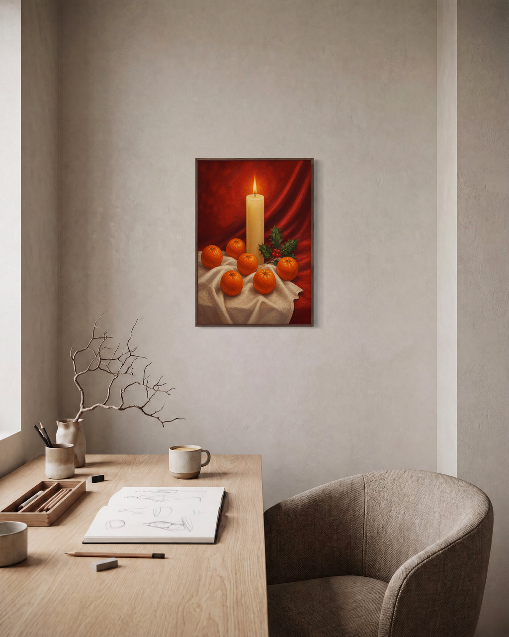 Candle Hour clementine candle print: unframed print is shown framed for styling in a home office; frame not included