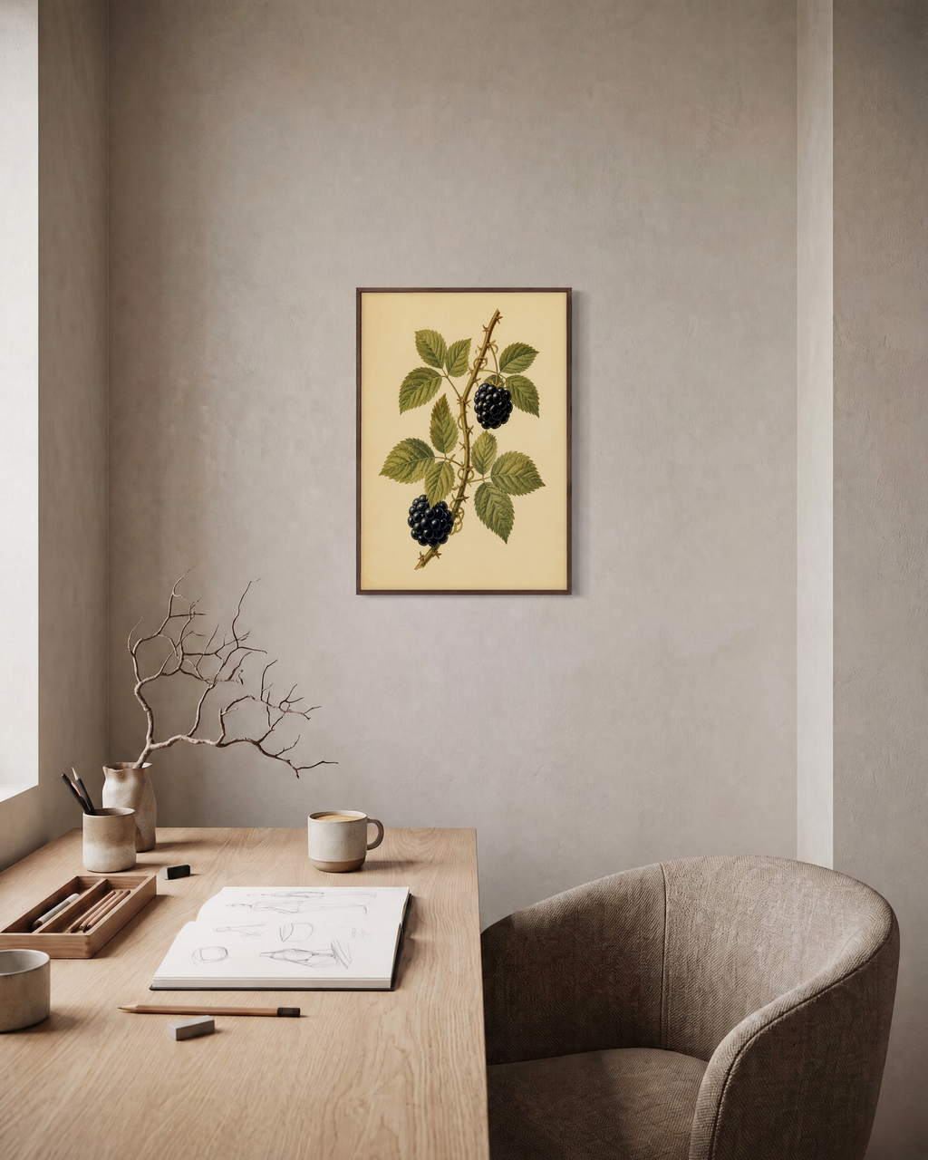 Bramble Season blackberry print: unframed print is shown framed for styling in a home office; frame not included