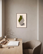 Olive Vessel unframed print is shown framed for styling in a home office; frame not included