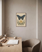 Butter Bloom navy moth wall art: unframed print is shown framed for styling in a home office; frame not included
