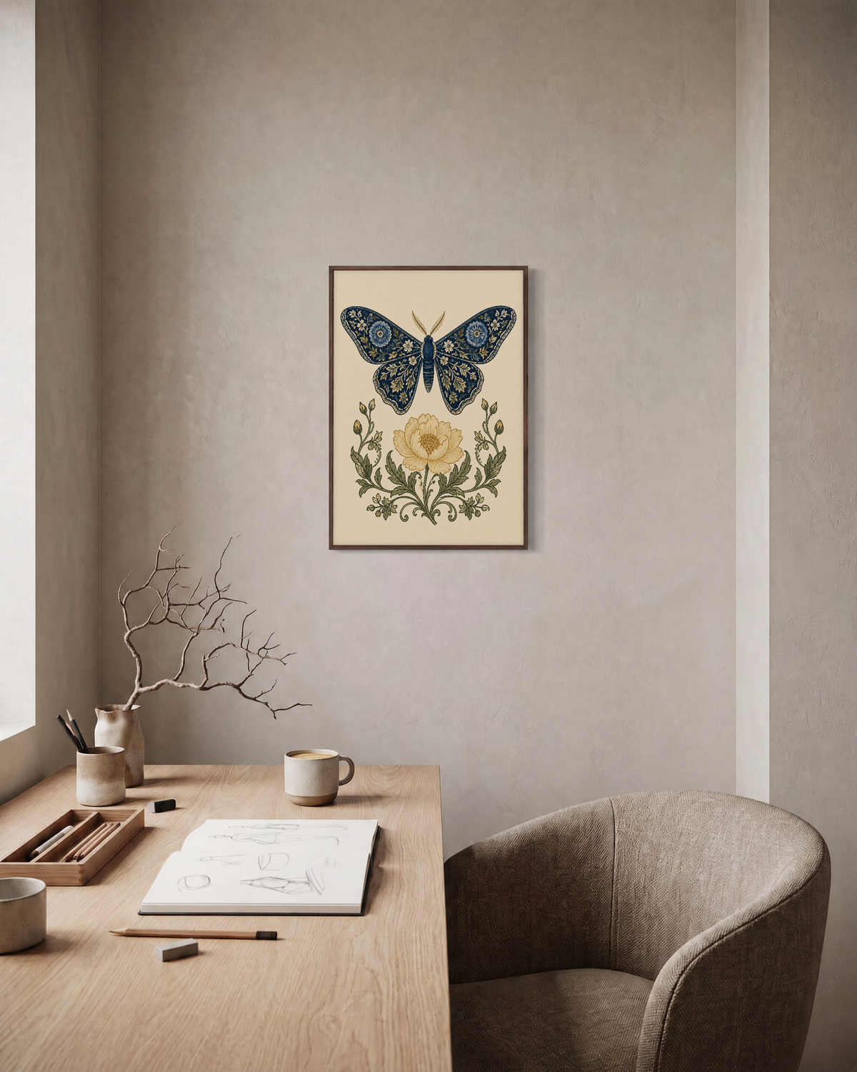 Butter Bloom navy moth wall art: unframed print is shown framed for styling in a home office; frame not included
