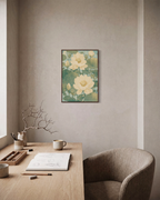 Pond Pair lotus pond wall art: unframed print is shown framed for styling in a home office; frame not included