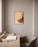 Red Vessel Cluster Press edition unframed print is shown framed for styling in a home office; Frame not included