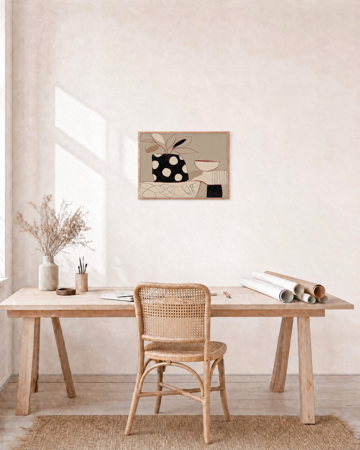 Dotted Cushions on a Handcart dotted handcart figure wall art print: unframed print is shown framed for styling in a home office; frame not included
