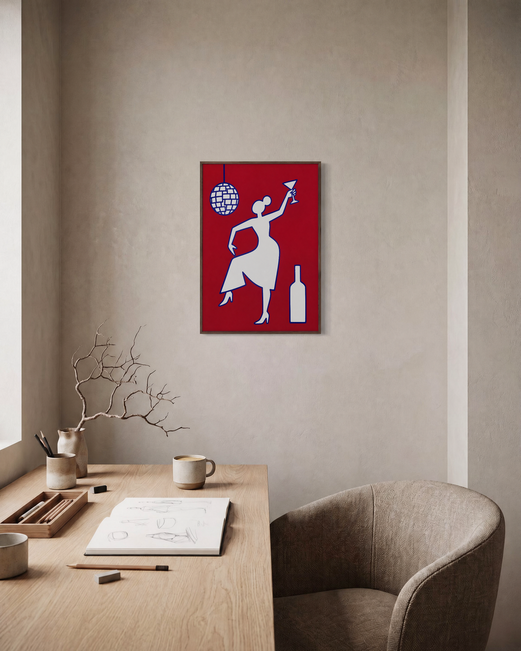 Disco Toast crimson disco print: unframed print is shown framed for styling in a home office; frame not included