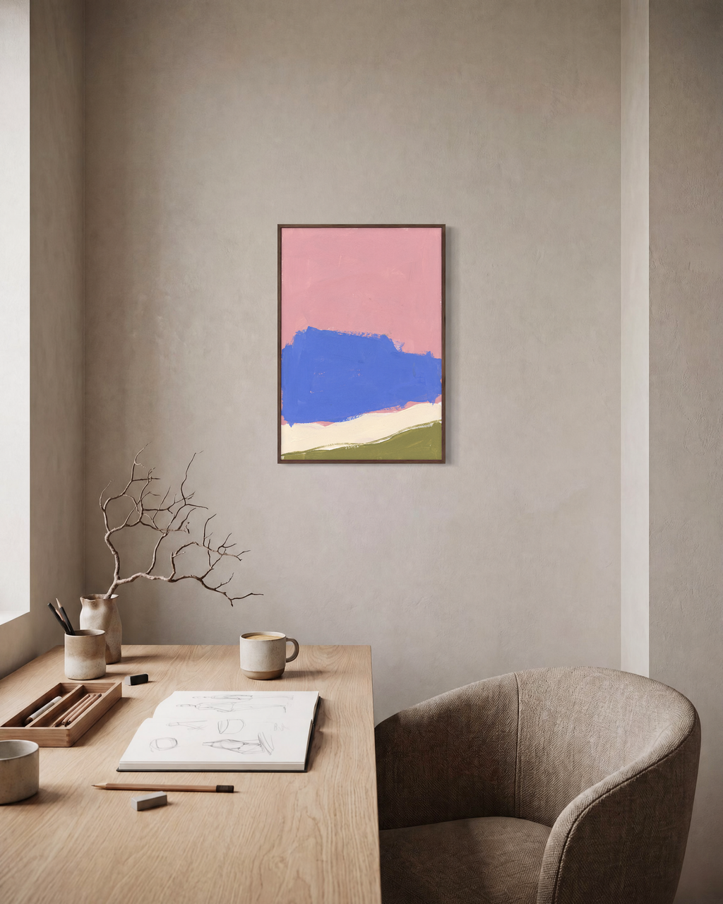 Blue Cliff Pink unframed print is shown framed for styling in a home office; frame not included