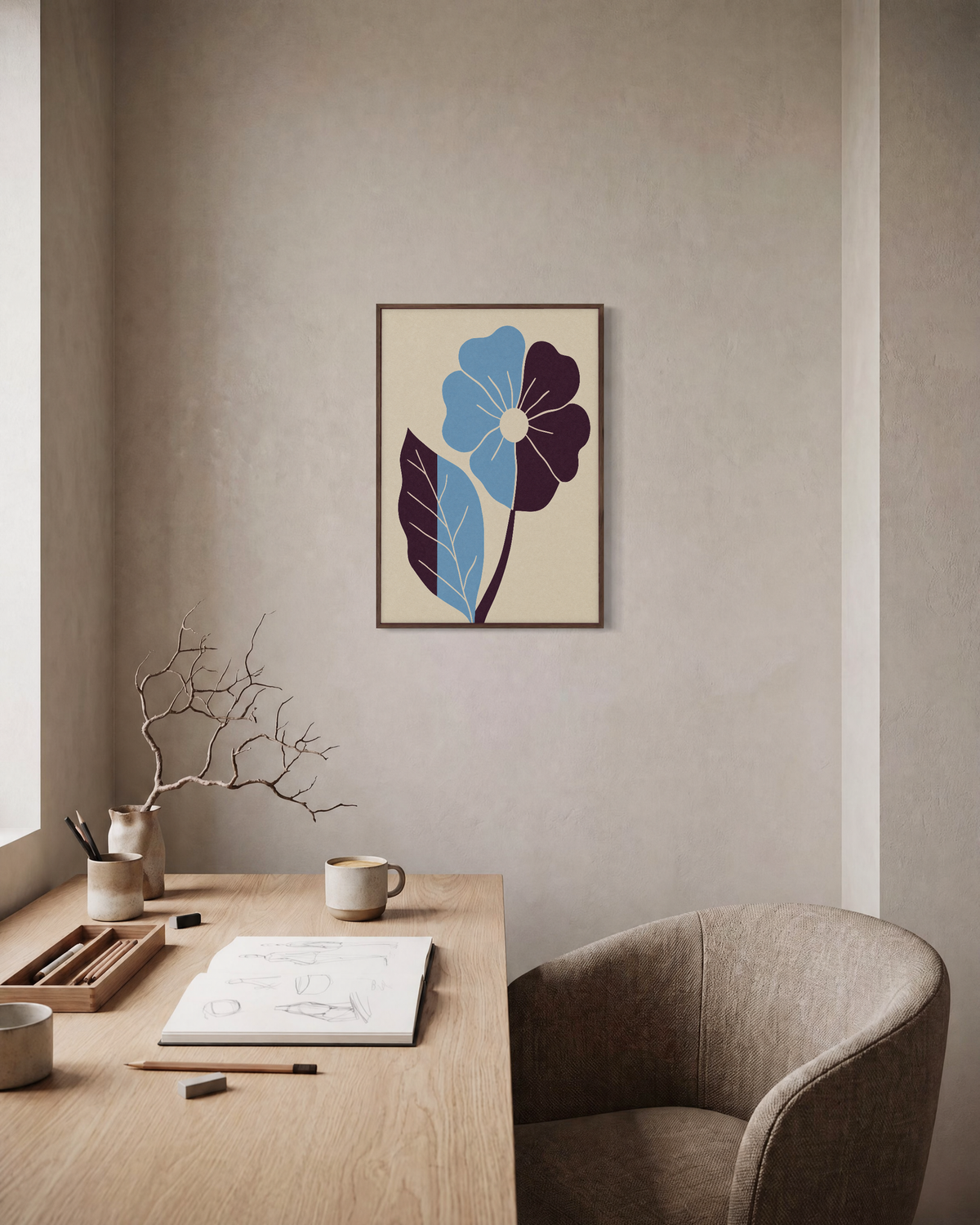 Noon Bloom flower art prints: unframed print is shown framed for styling in a home office; frame not included