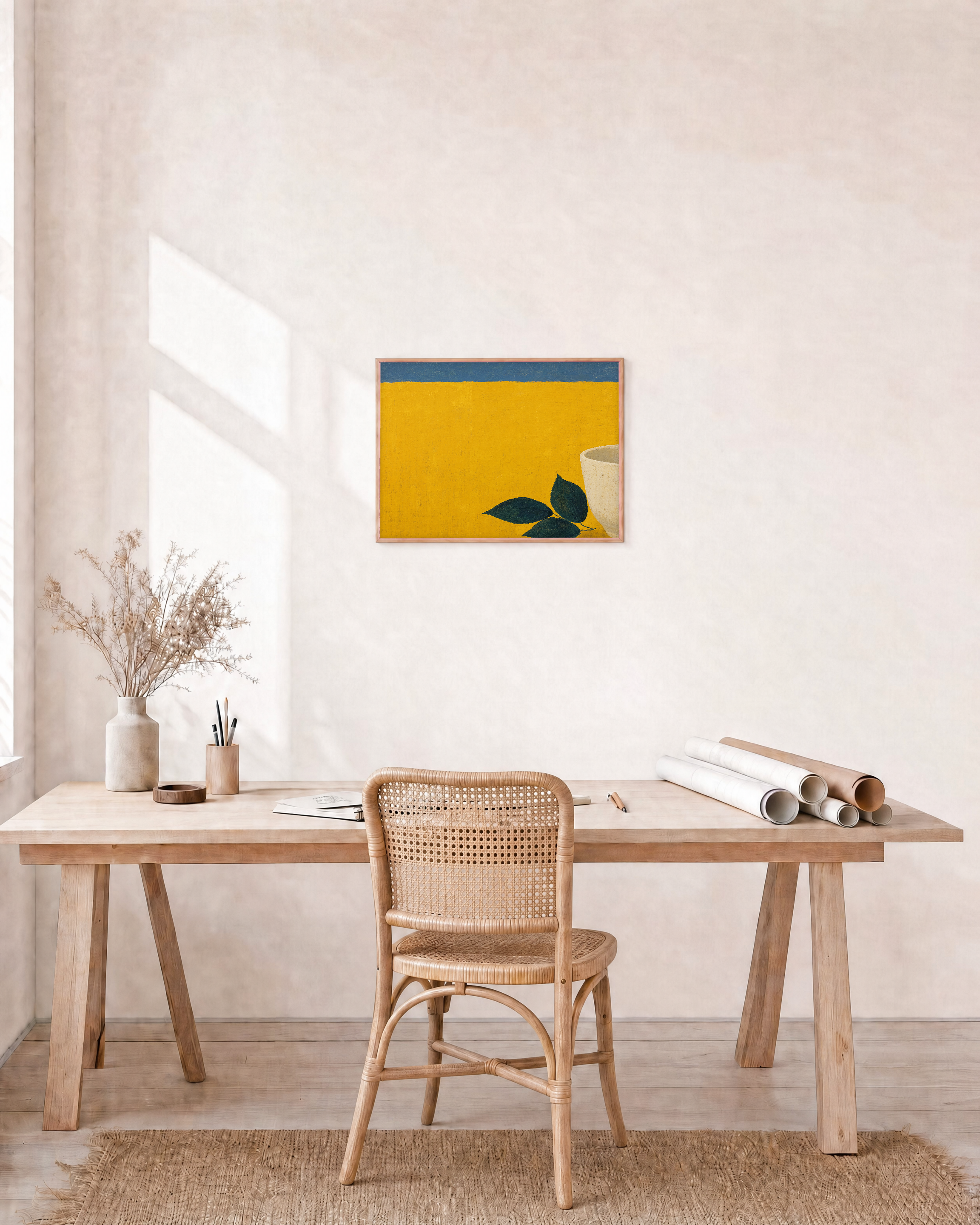 Mustard Leaf Pot Press edition unframed print is shown framed for styling in a home office; Frame not included