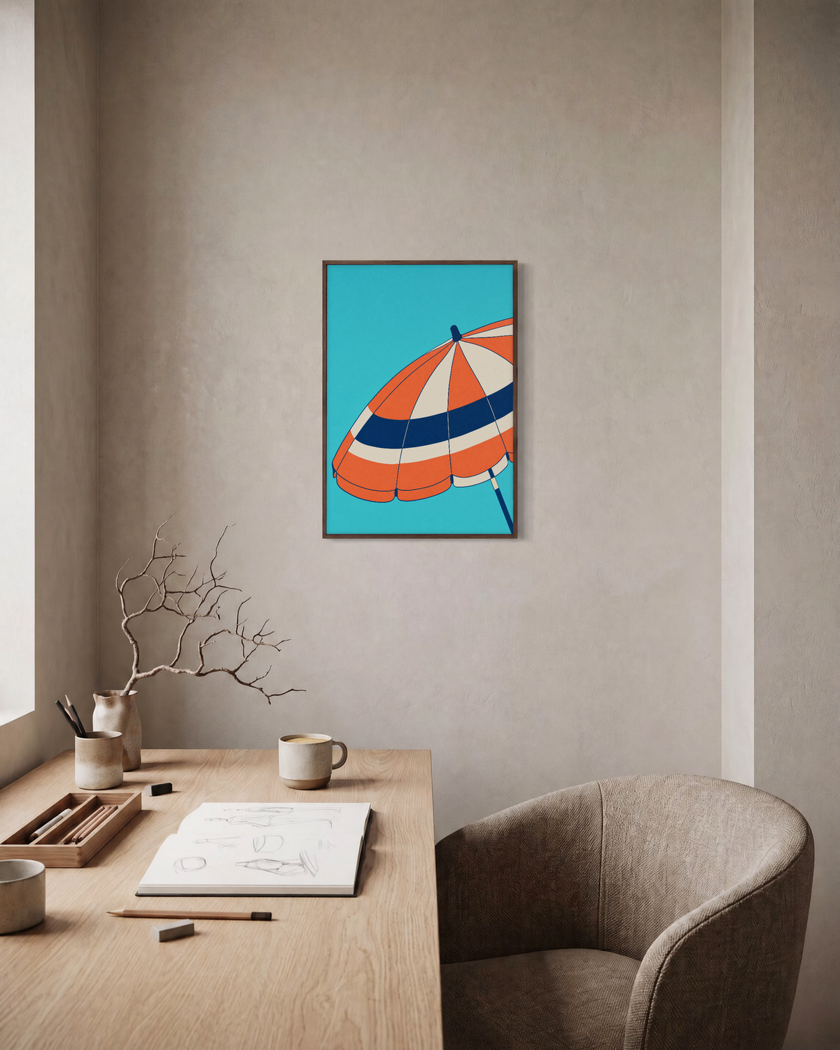 Noon Parasol beach wall art: unframed print is shown framed for styling in a home office; frame not included