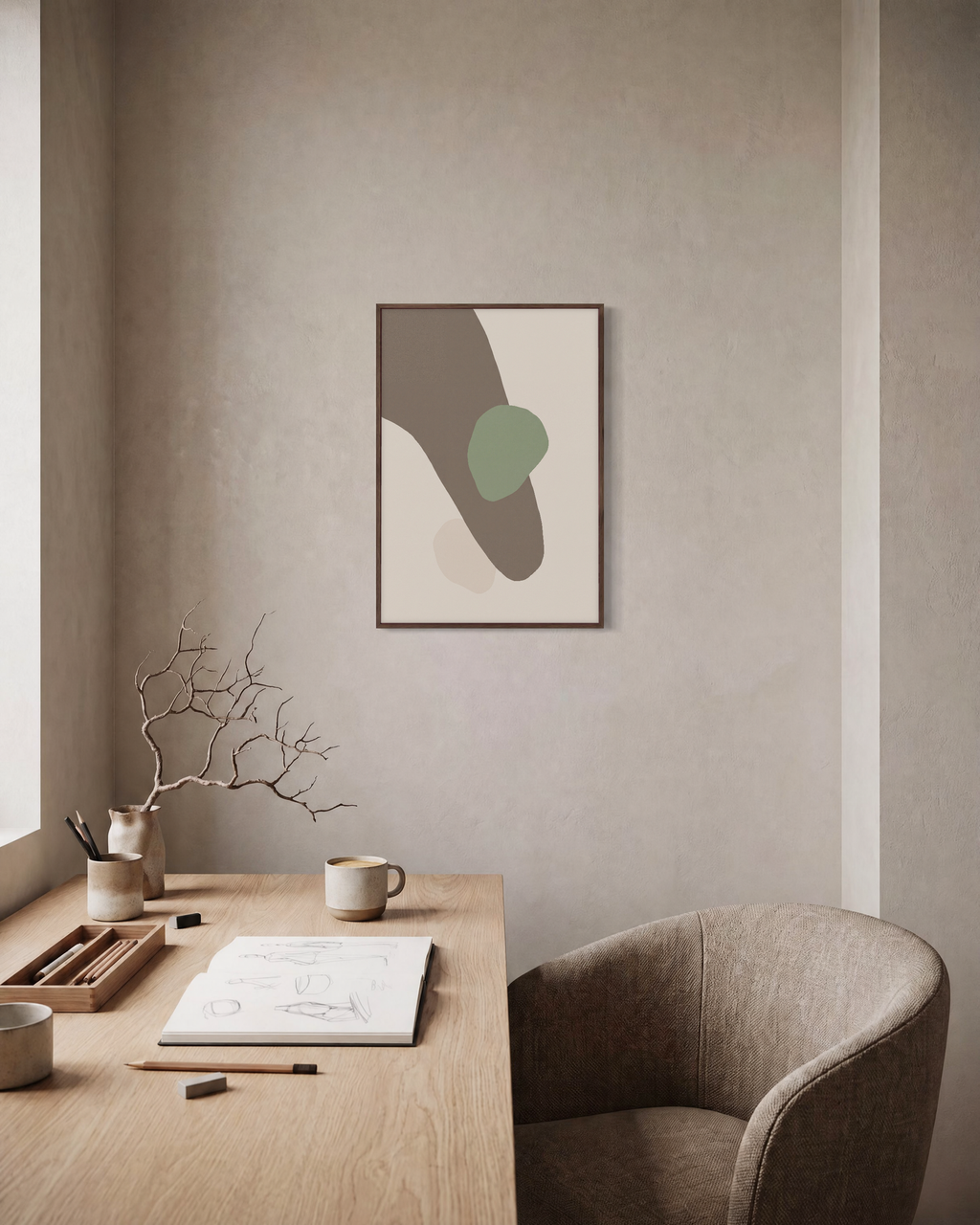 Taupe Curve with Sage Oval taupe and sage abstract wall art: unframed print is shown framed for styling in a home office; frame not included