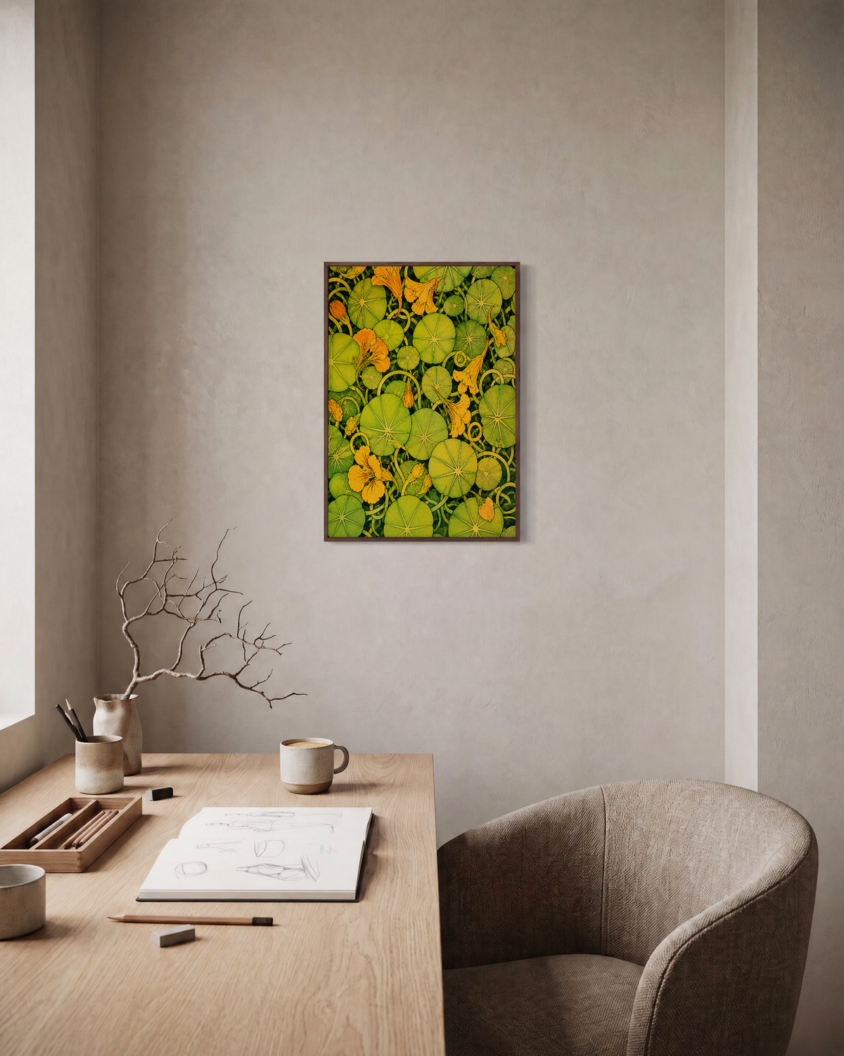 Nasturtium Hour green nasturtium pad wall art: unframed print is shown framed for styling in a home office; frame not included