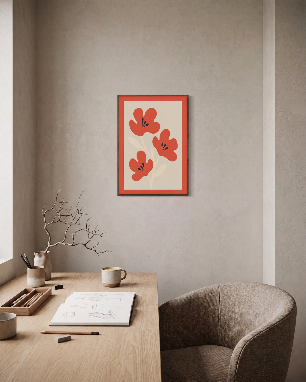 Flower Hour coral flower wall art: unframed print is shown framed for styling in a home office; frame not included