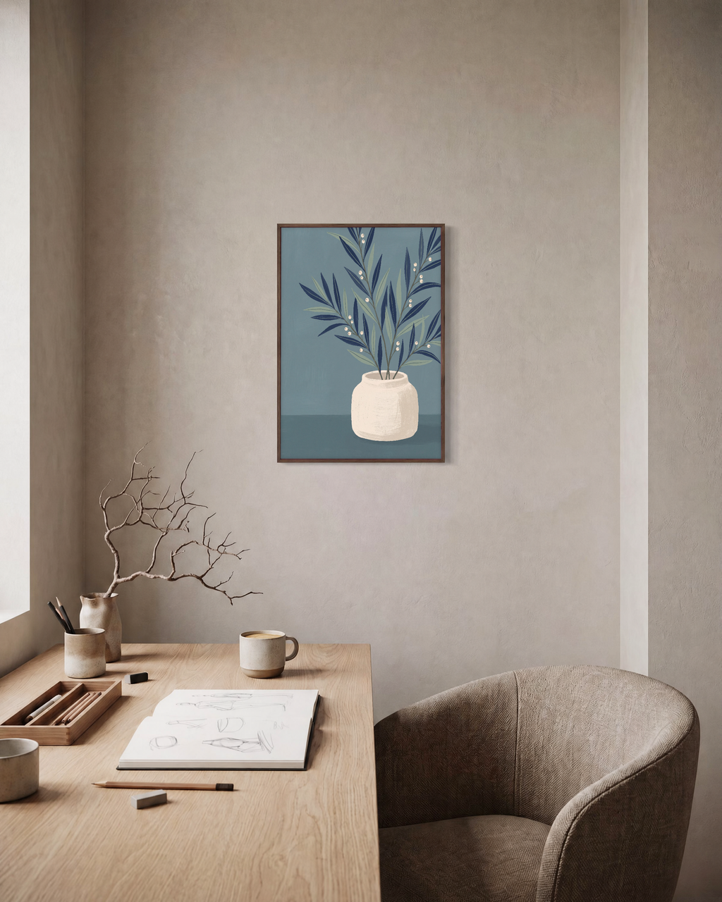 Slate Branch Vessel unframed print is shown framed for styling in a home office; frame not included