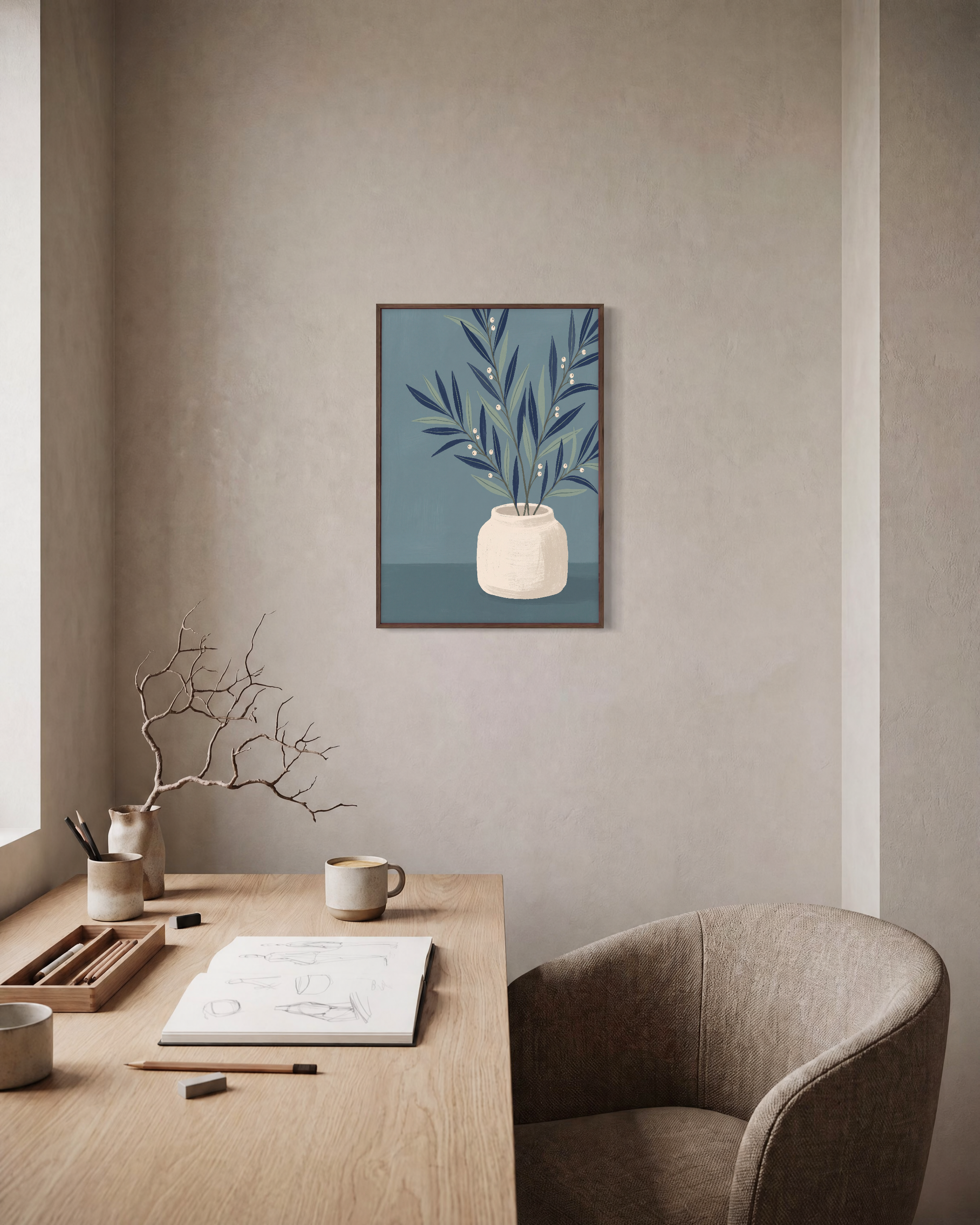 Slate Branch Vessel unframed print is shown framed for styling in a home office; frame not included