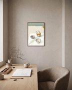 Oil Pourer Table unframed print is shown framed for styling in a home office; frame not included