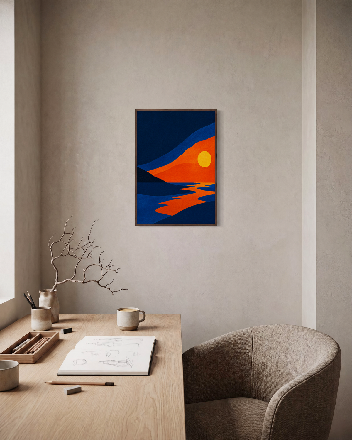 Offset Sun Sea unframed print is shown framed for styling in a home office; frame not included