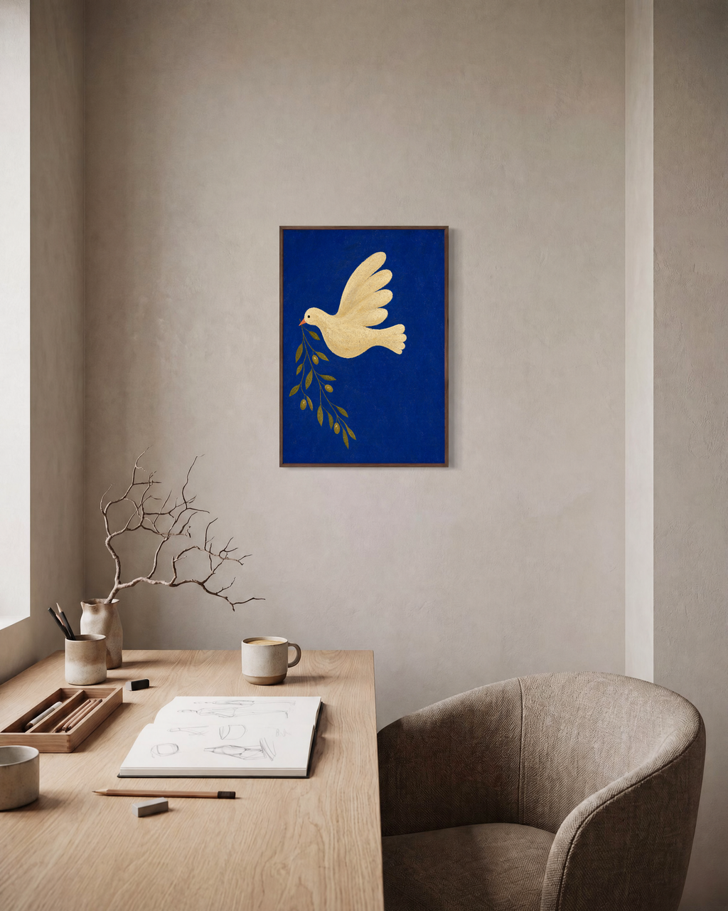 Dove Branch Blue unframed print is shown framed for styling in a home office; frame not included
