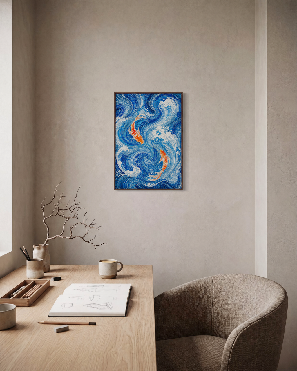 Turning Koi koi wall art: unframed print is shown framed for styling in a home office; frame not included