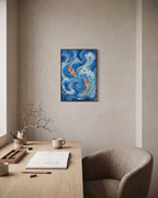 Turning Koi koi wall art: unframed print is shown framed for styling in a home office; frame not included