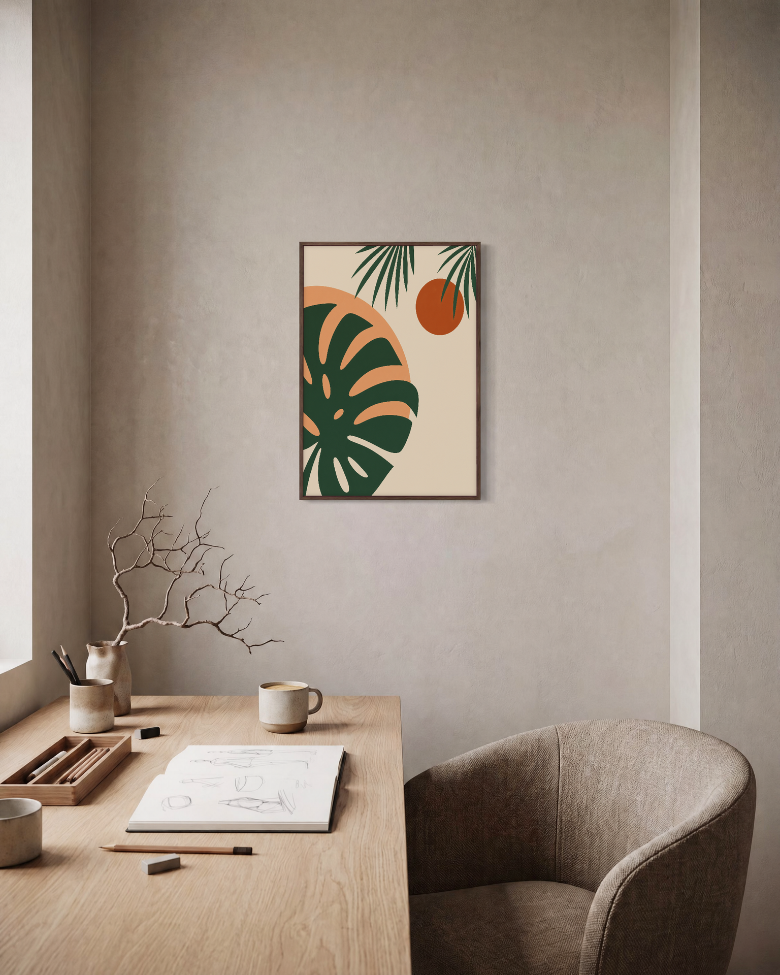 Monstera Cut Across Two Suns unframed print is shown framed for styling in a home office; frame not included