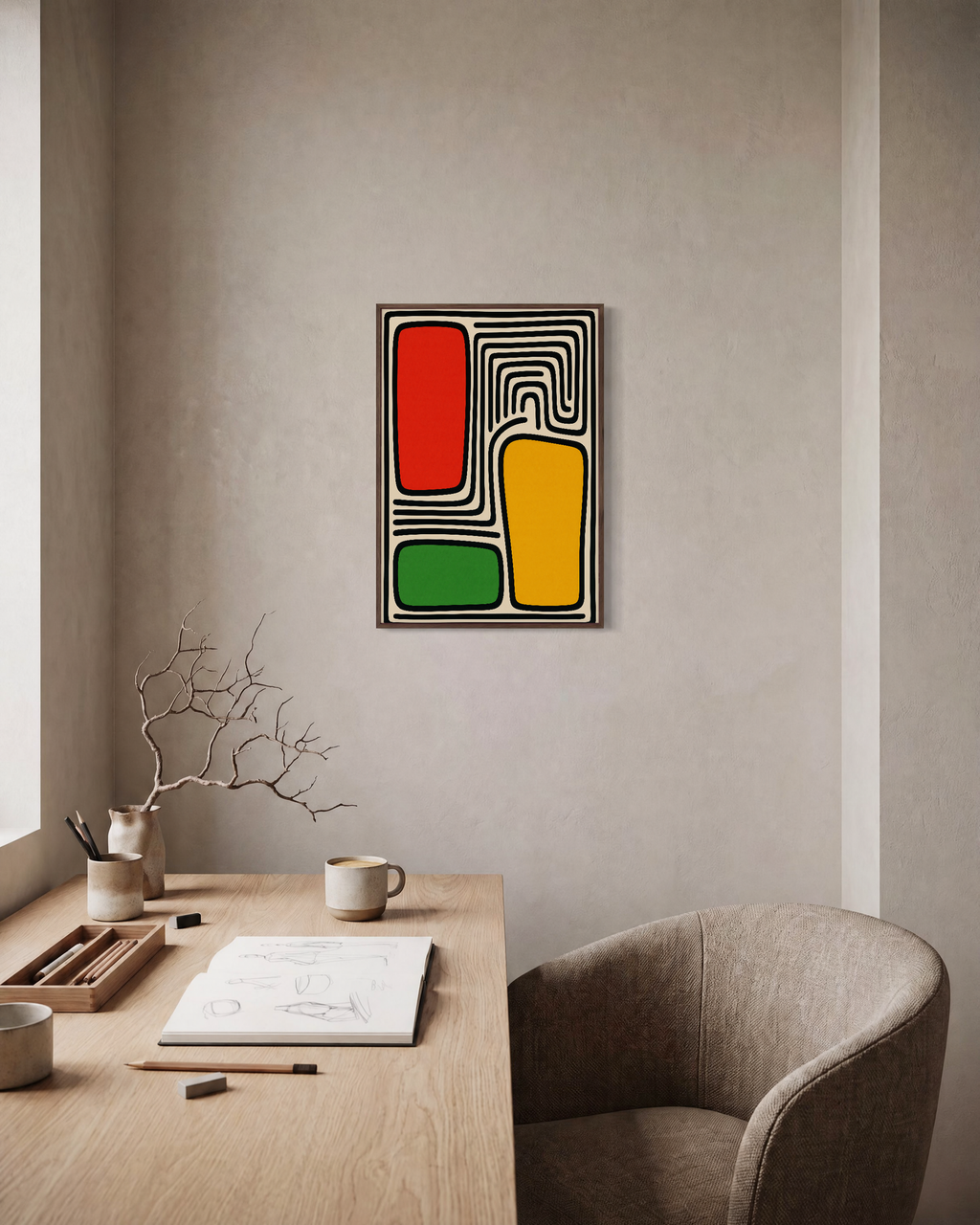 Block Shift contour block wall art: unframed print is shown framed for styling in a home office; frame not included