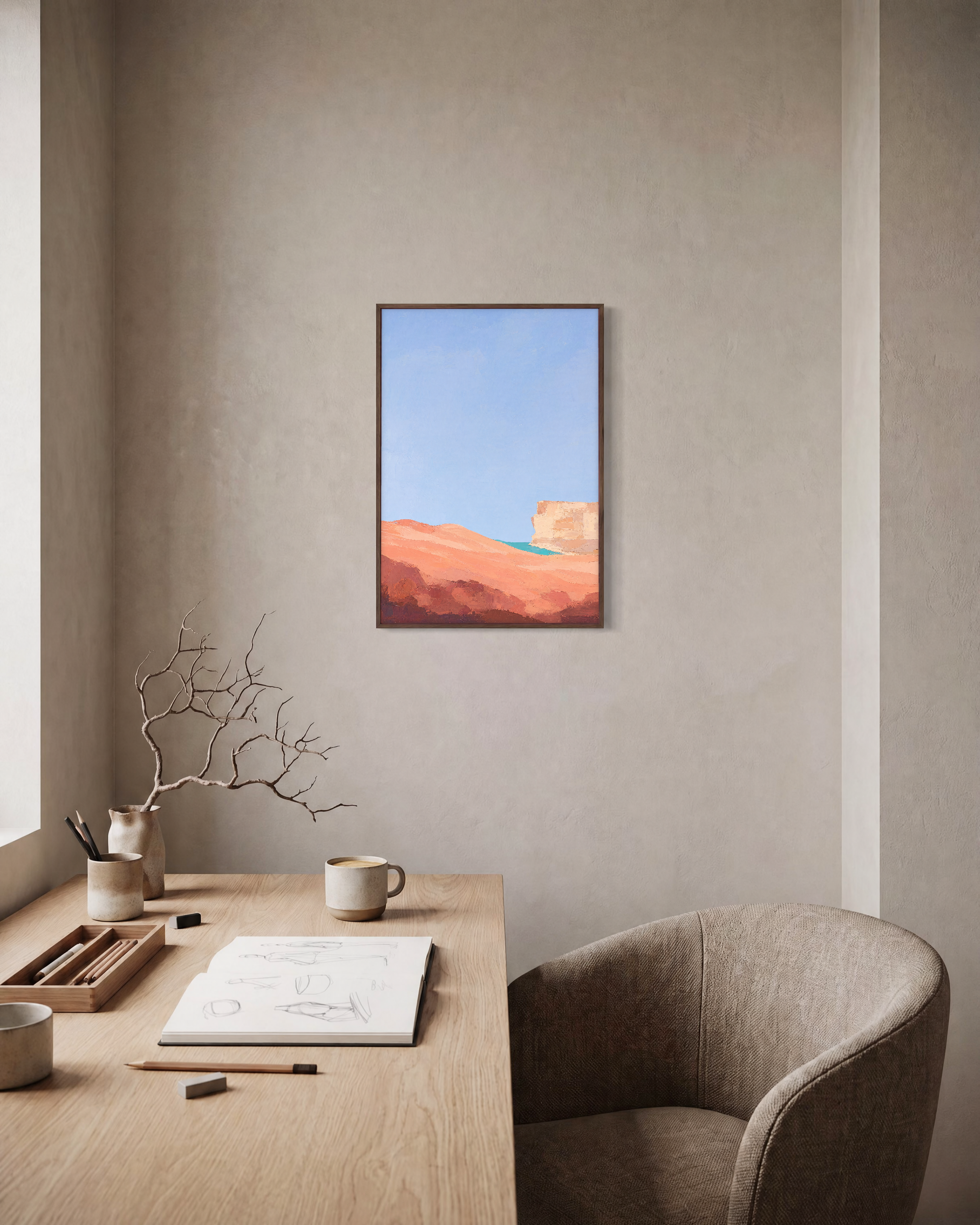 Peach Dune Blue Press edition unframed print is shown framed for styling in a home office; Frame not included