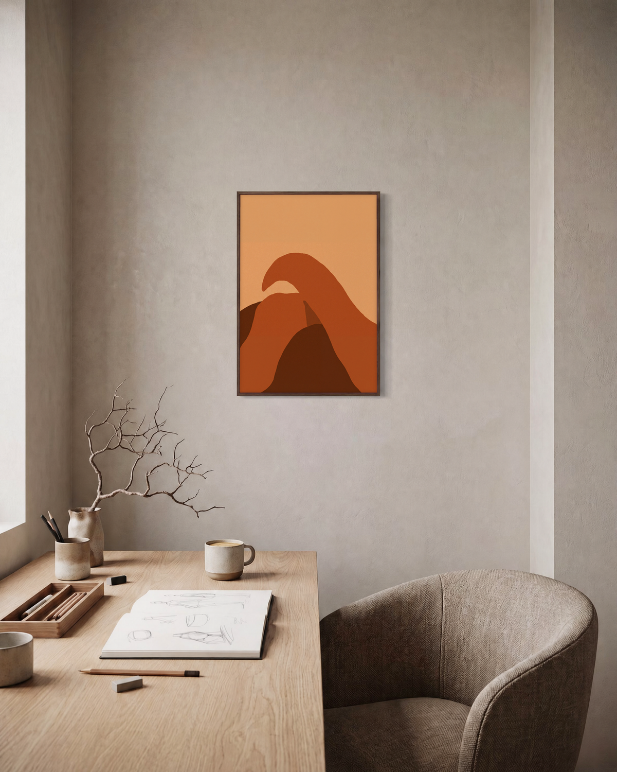 Terracotta Arc on Peach burnt orange abstract wall art: unframed print is shown framed for styling in a home office; frame not included